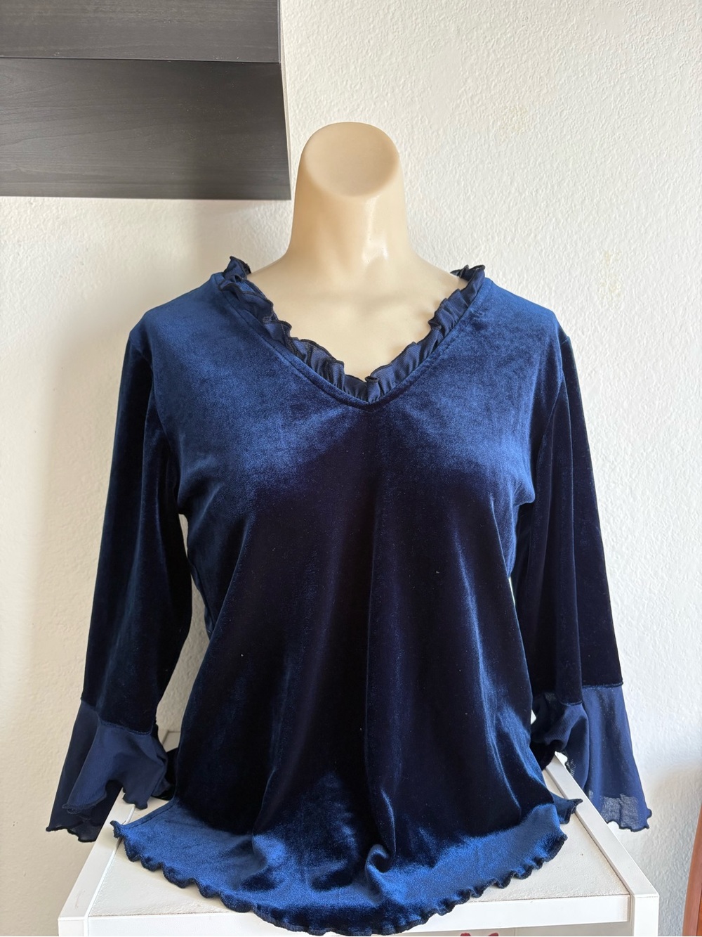 Impressions Blue Velvet V-Neck Ruffle Top